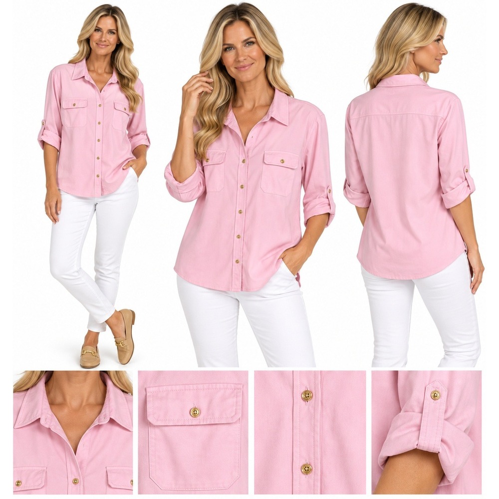 J McLaughlin Shirt L Pink Button Up Roll Tab Sleeve Coastal Preppy Utility